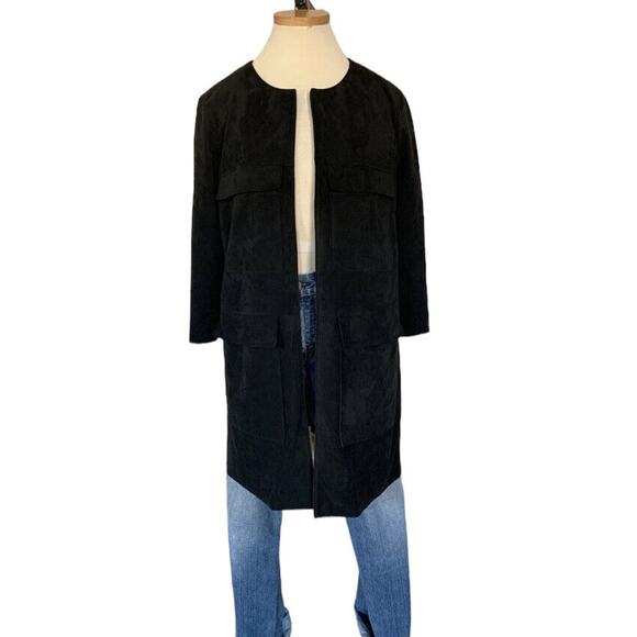 Vegan Suede Stretch Midi Coat Open Black H&M Cardigan Pockets Small Safari - Picture 2 of 8